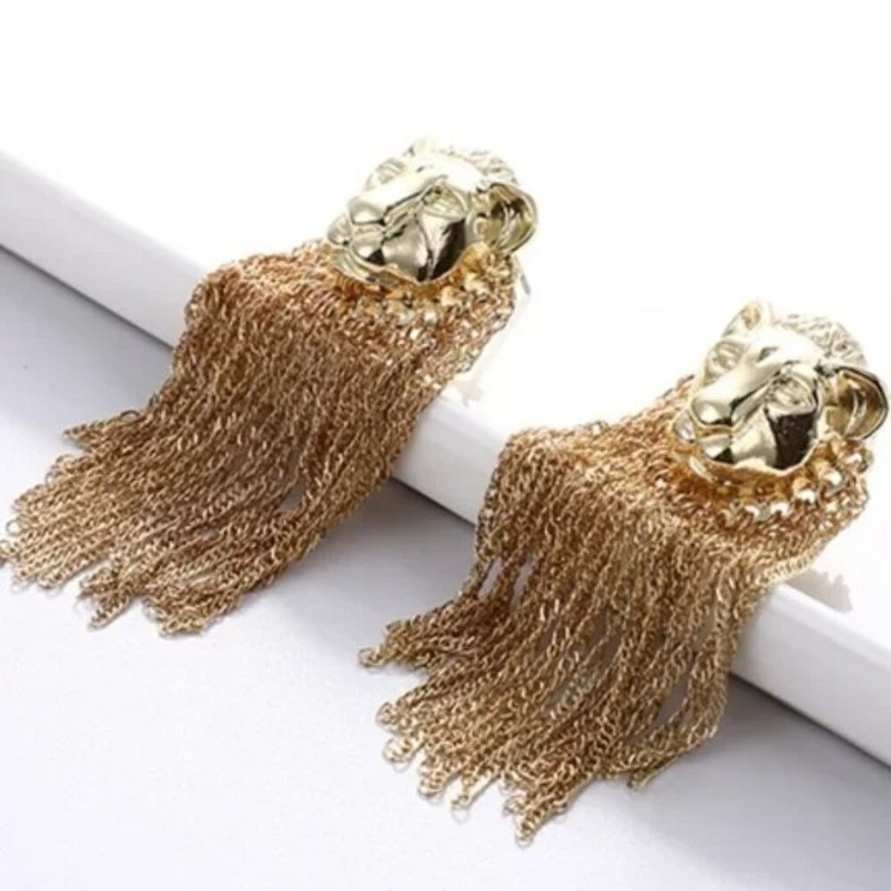 Stunning Leo The Lion Gold Fringe Mane Statement Earrings NEW